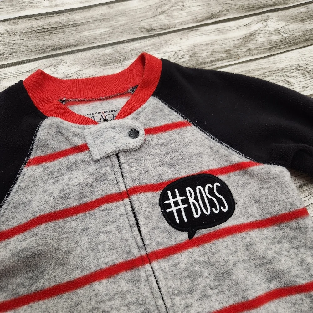 Childrens place grey and red striped #boss zip up footie pajamas